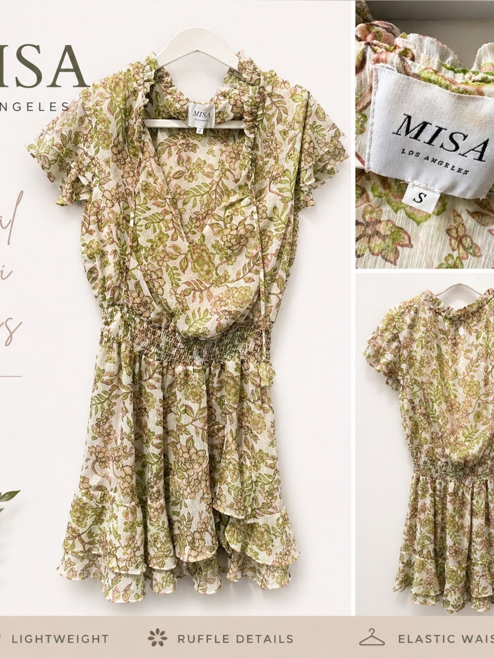 Misa Los Angeles Floral Ruffle Mini Dress in Green and Cream